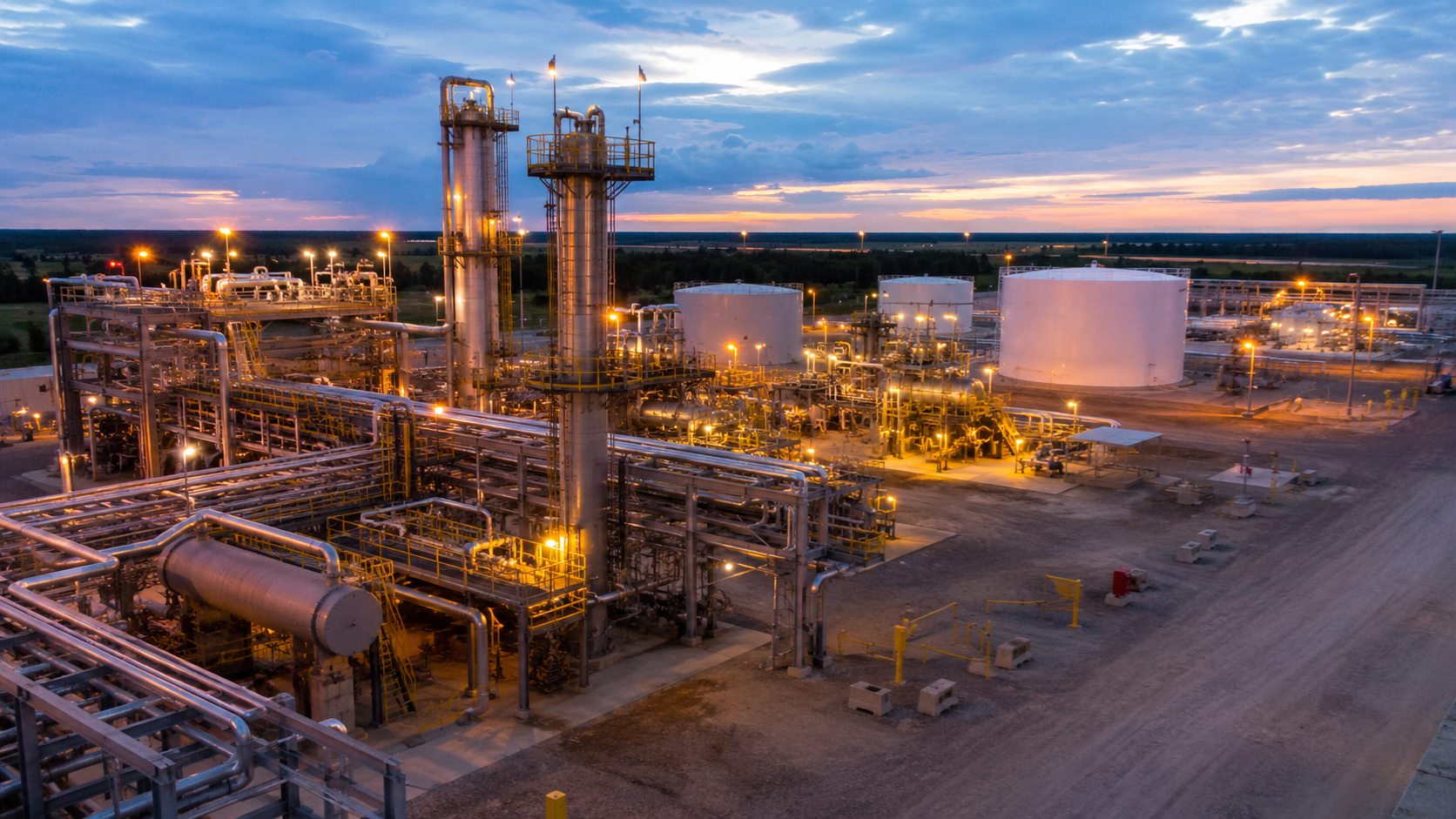 Energy and industrial facility with illuminated process equipment and storage infrastructure at dusk
